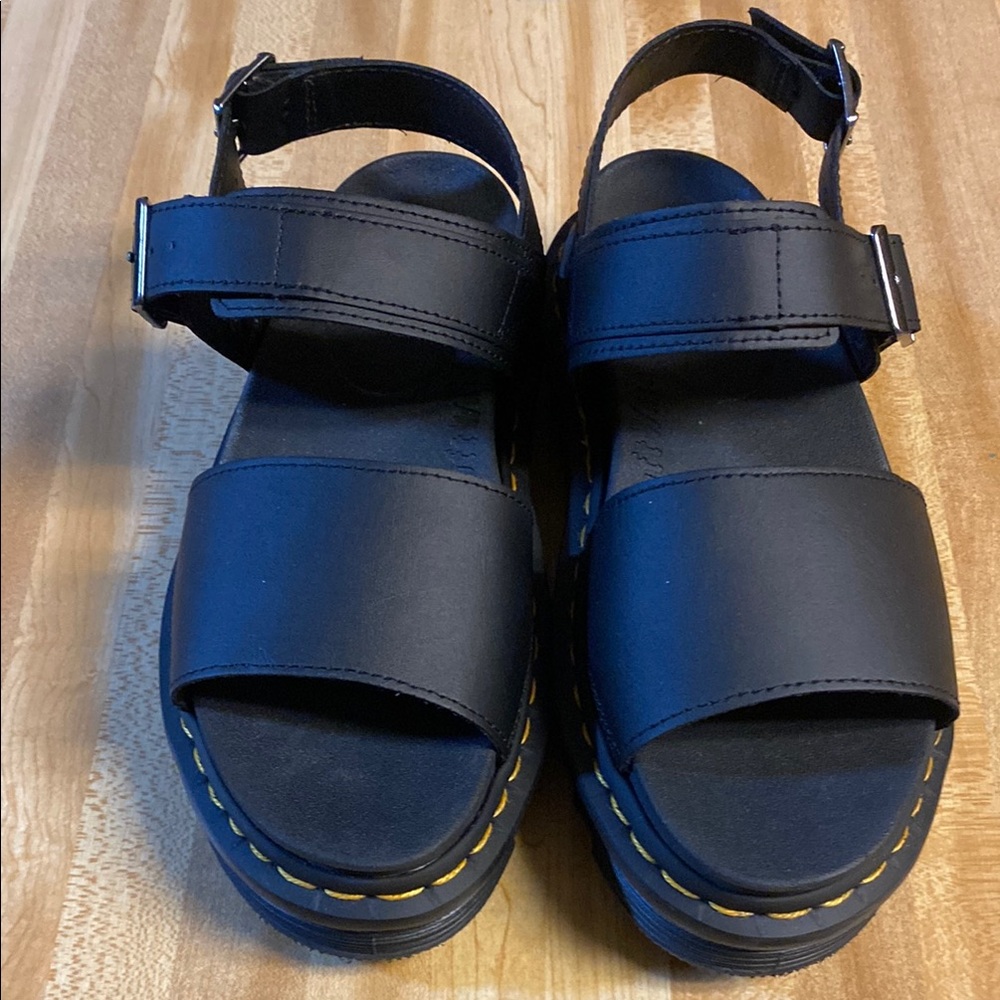 Dr. Martens Black Kids Sandals with Yellow Stitching